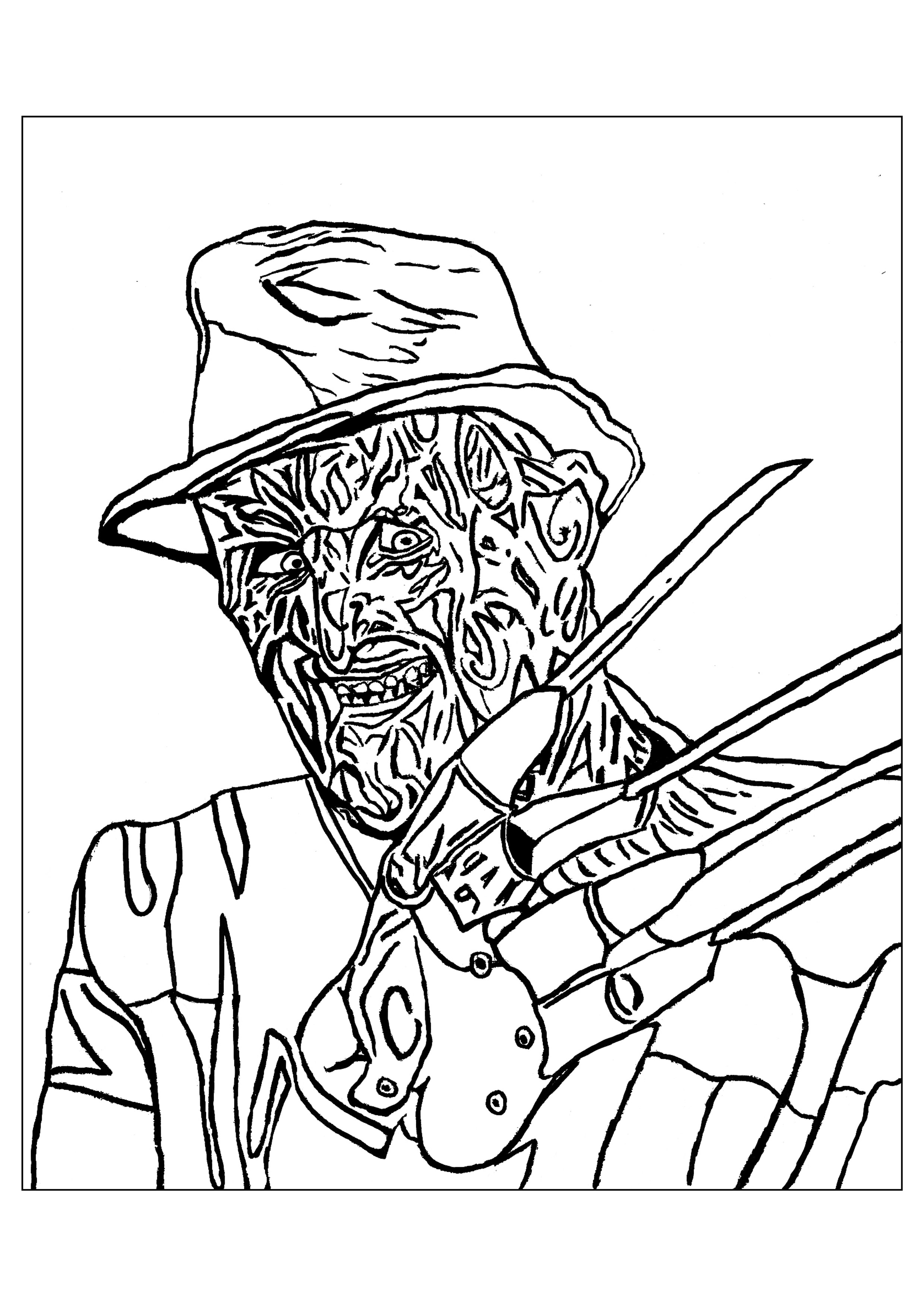 A scary coloring page of Freddy Krueger, perfect for Halloween