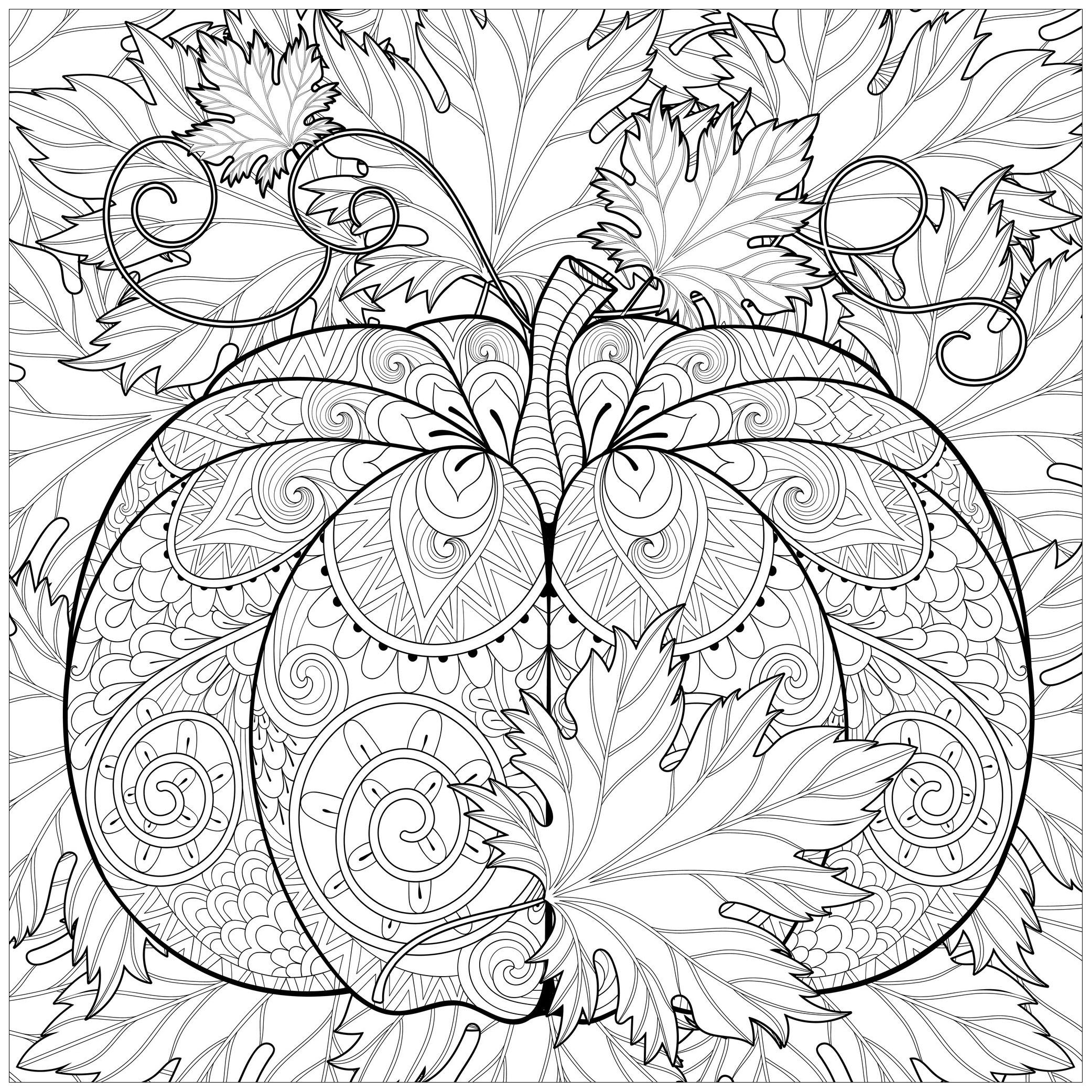 Decorated Pumpkin With Autumn Leaves Halloween Adult Coloring Pages