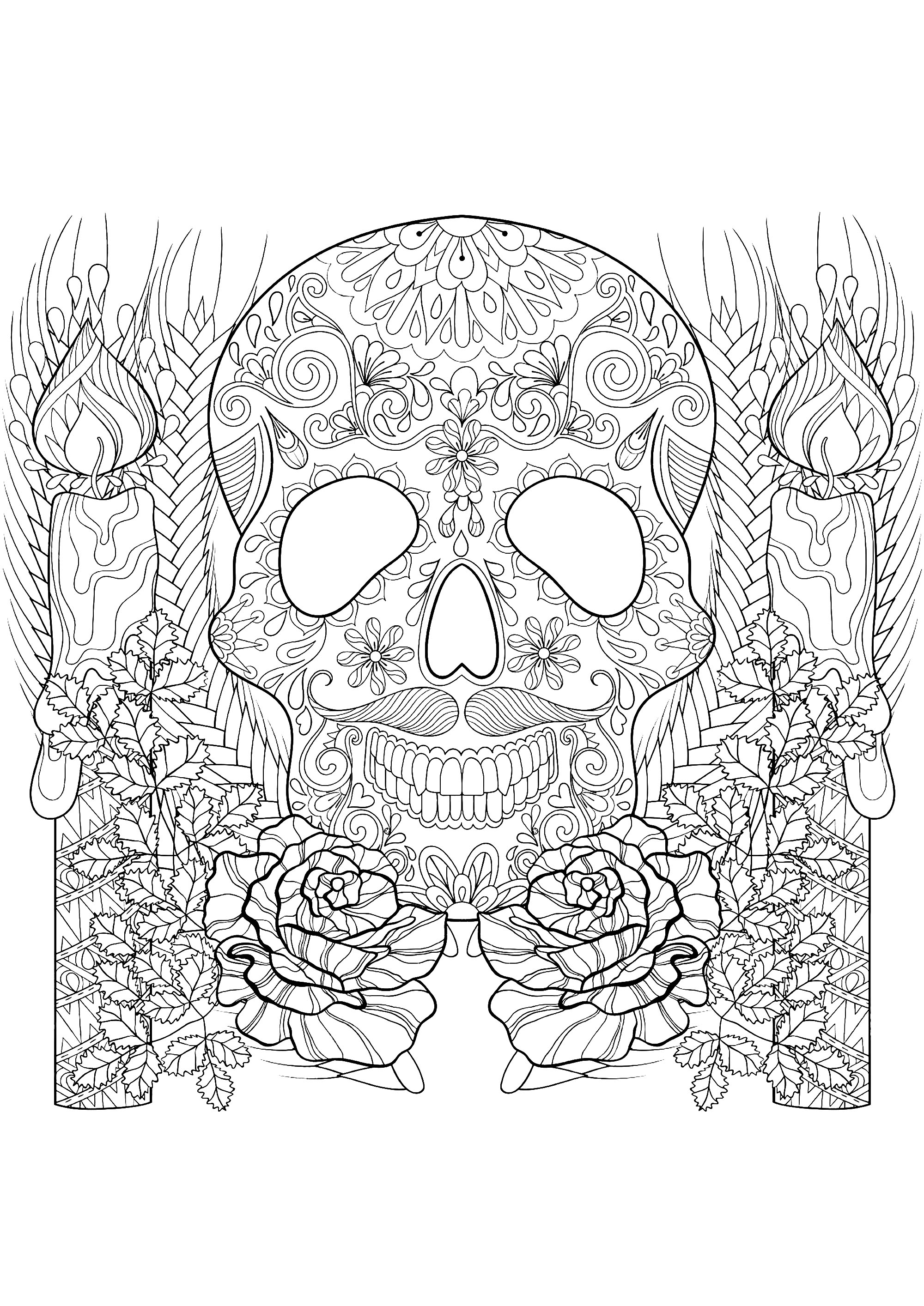 Skull and candles - Halloween Adult Coloring Pages