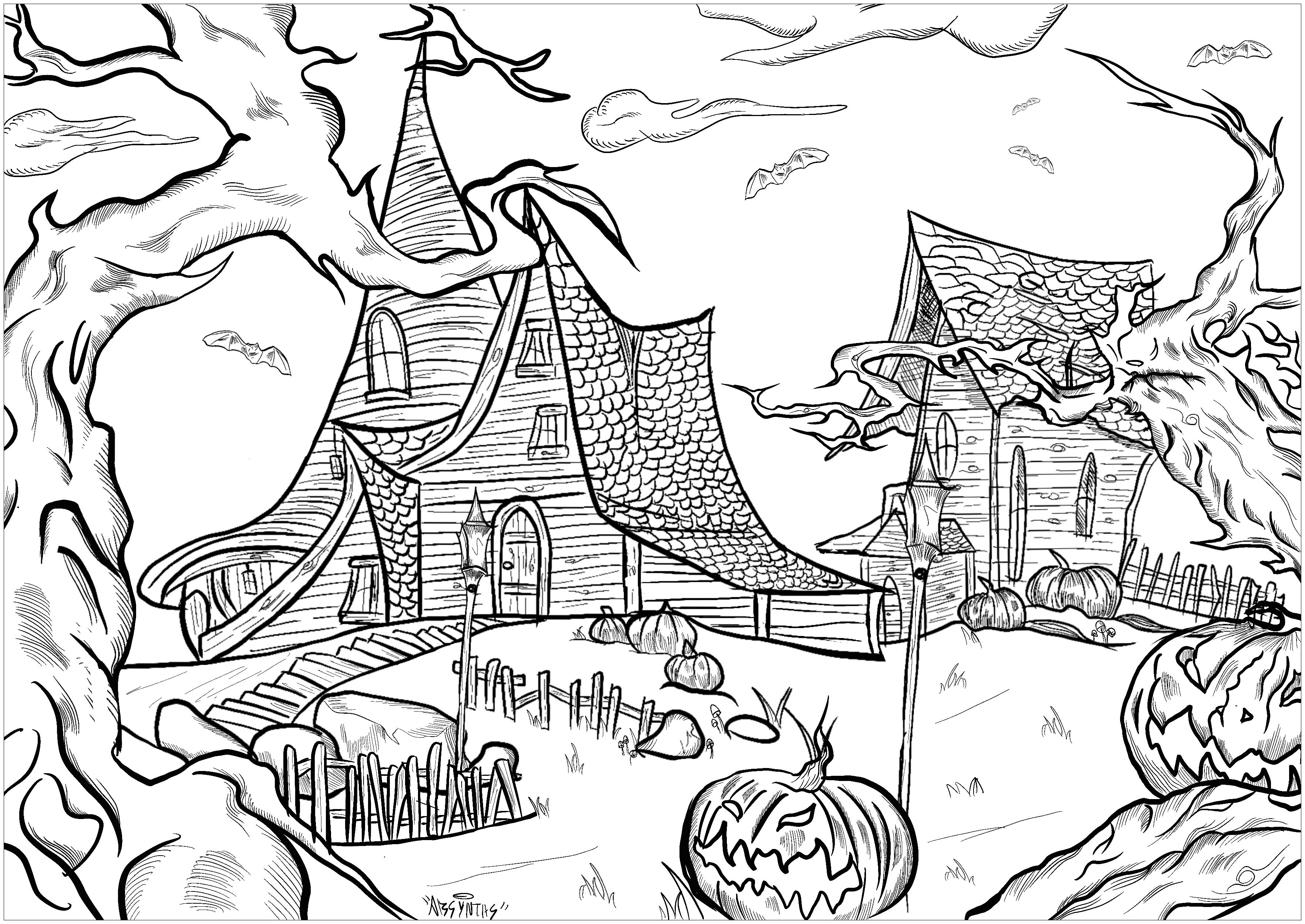 Two haunted houses in a nightmarish landscape!. Menacing trees, Halloween pumpkins, bats ..., Artist : Absynths