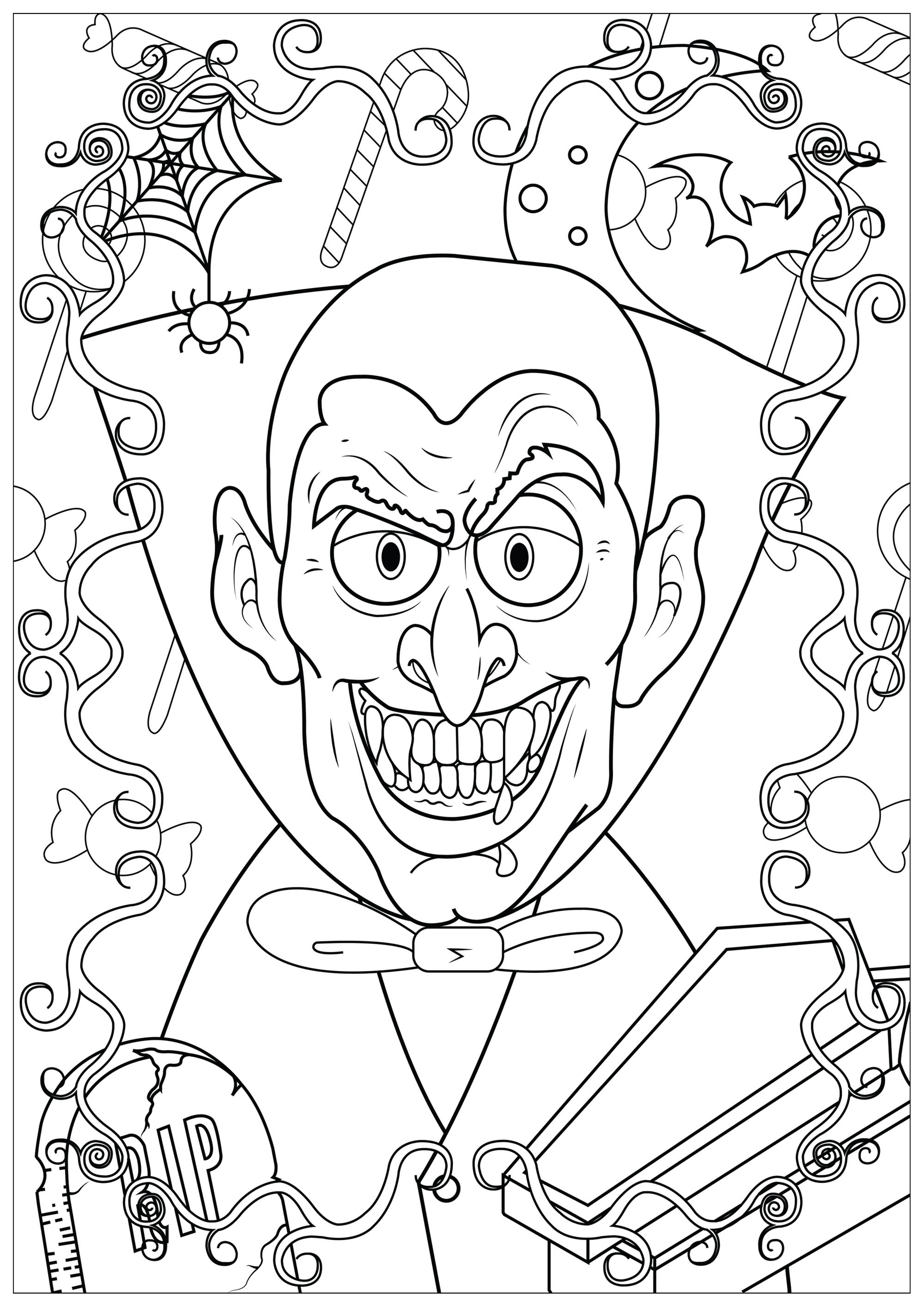 A vampire with sharp teeth. This coloring page is perfect to celebrate Halloween, if you like the world of vampires and especially Dracula, Artist : Lucie