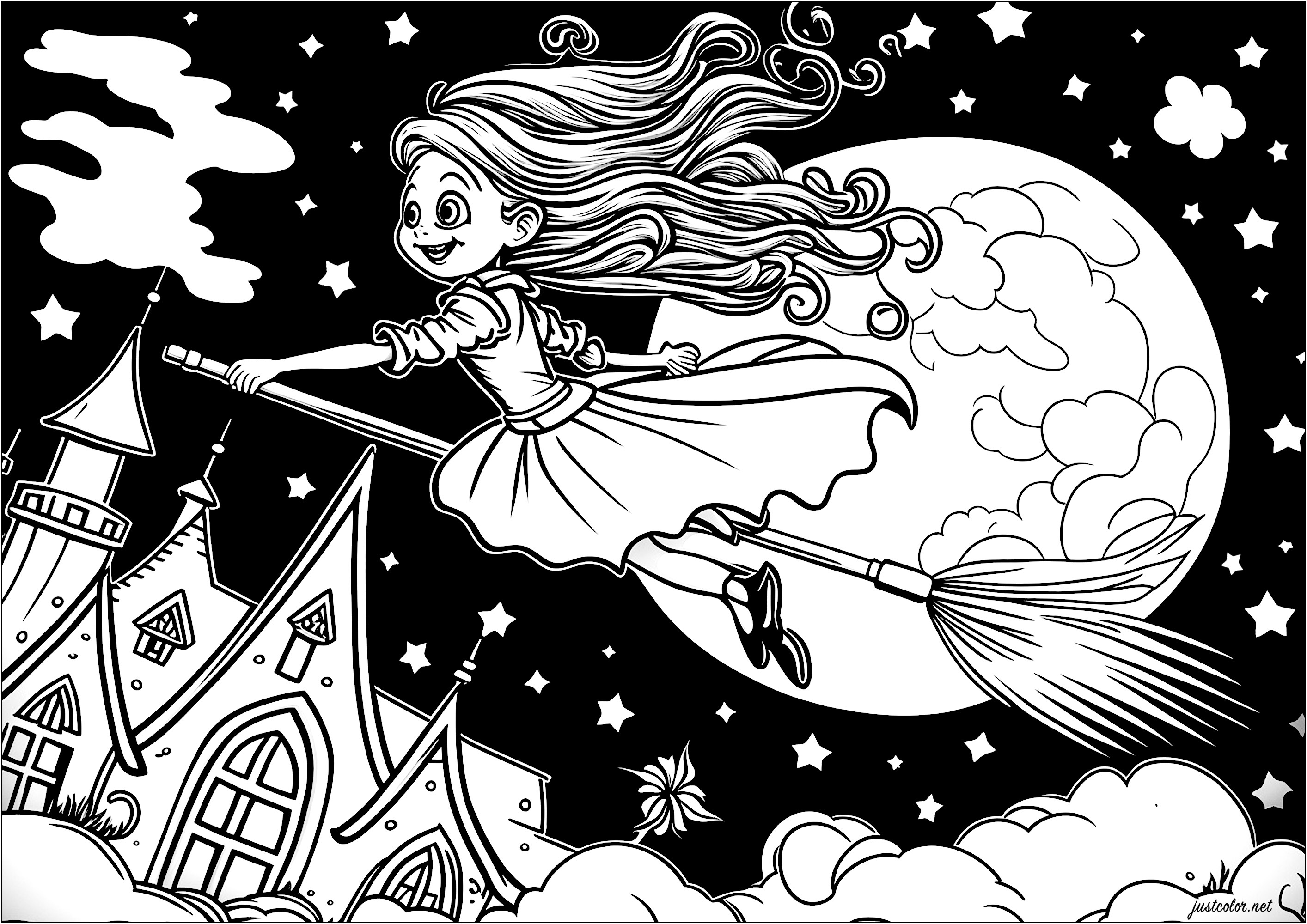 Coloring of a young witch flying on her broom. Here is a pretty witch represented on her broom flying in the air, above the clouds. She is dressed in a long and elegant dress, and her hair is blowing in the wind. The moon is full and looks giant behind her.
