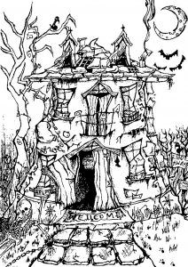 Coloring adult halloween haunted house