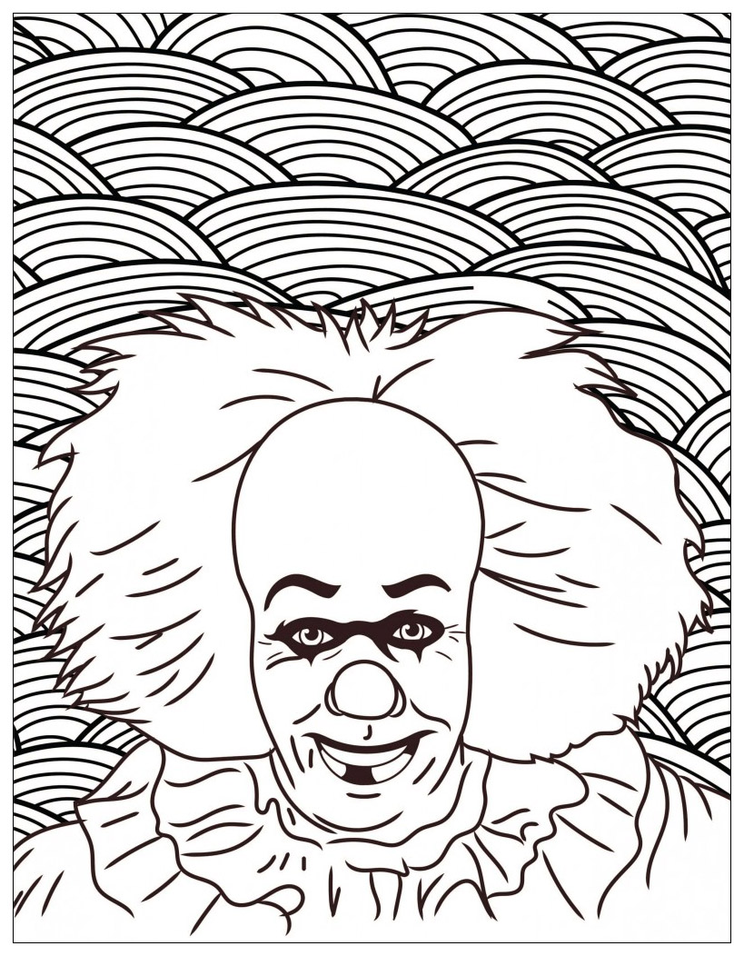 Classic horror movies coloring pages : Pennywise the Dancing clown (Stephen King's 1986 novel It, and movies), Source : costumesupercenter   Artist : Costume Super. Center