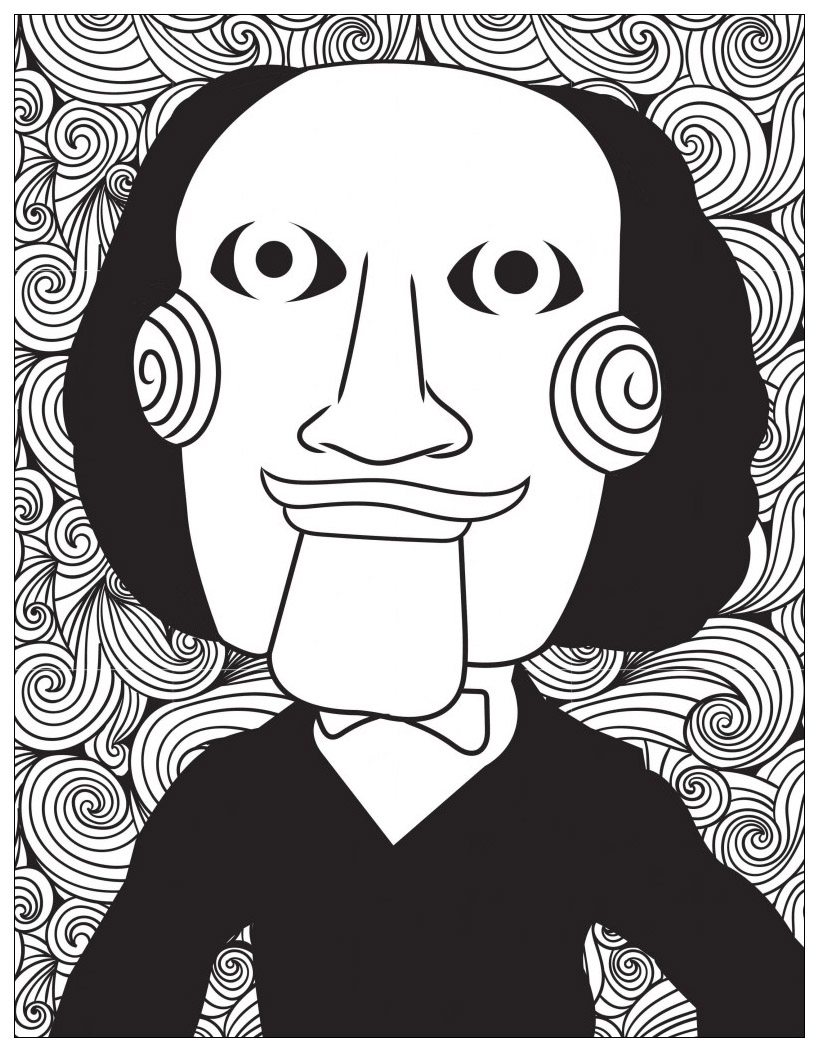Classic horror movies coloring pages : Billy the Puppet / Jigsaw (Saw movies), Artist : Costume Super. Center   Source : costumesupercenter