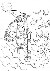 Coloring halloween witch and raven simple