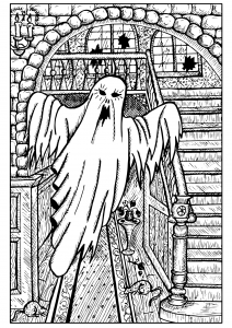 Coloring page ghost in a haunted house