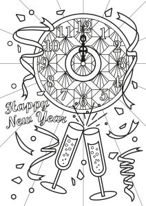 Champagne and clock "Happy New Year" text