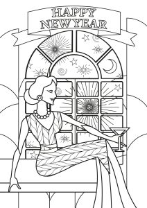 Printable Coloring Page for adults : Art Deco style woman - "Happy New Year" text