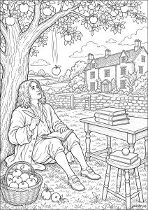 Isaac Newton discovering universal gravity through his famous apple, in 1666