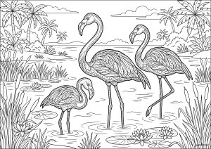 Graceful flamingos by the lakeside