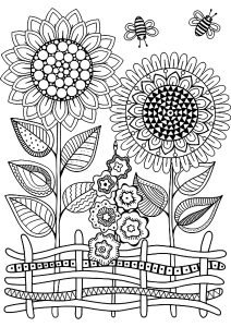 Printable Flowers & vegetation Coloring Page for adult : Two big flowers and bees