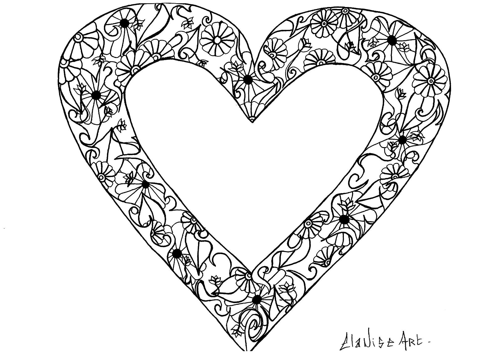 Cool drawing with an heart containing simple flowers and leaves, Artist : Elanise Art
