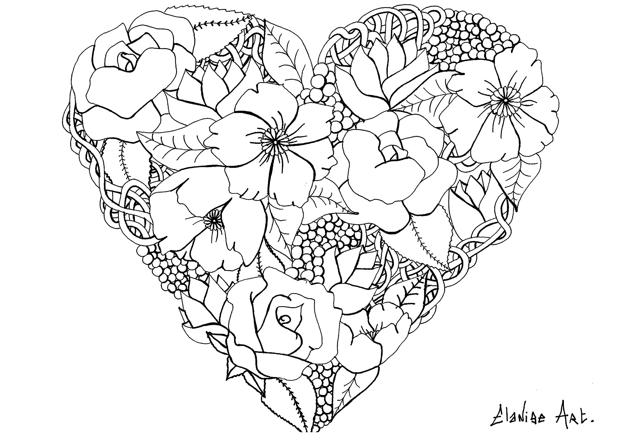 Download Flowers in a heart - Flowers Adult Coloring Pages