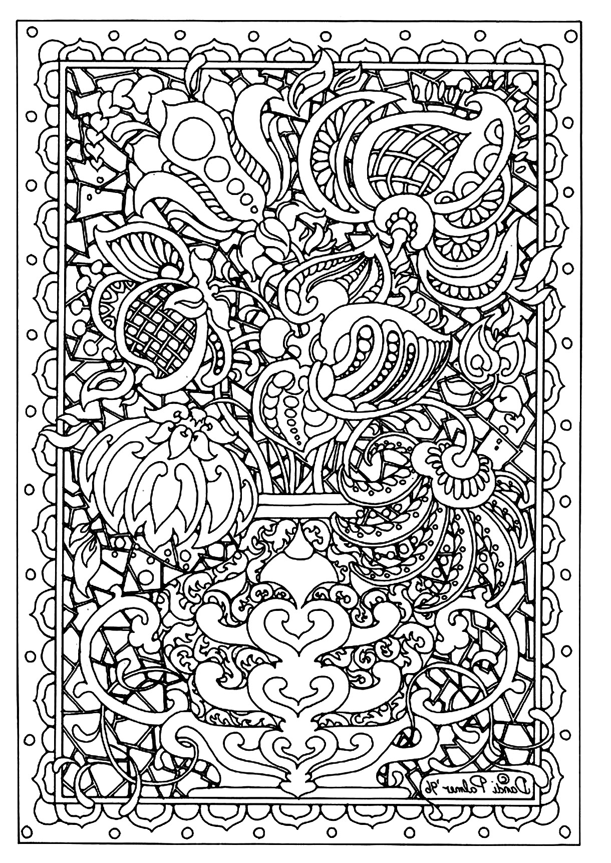 Difficult coloring page of flowers, free to print