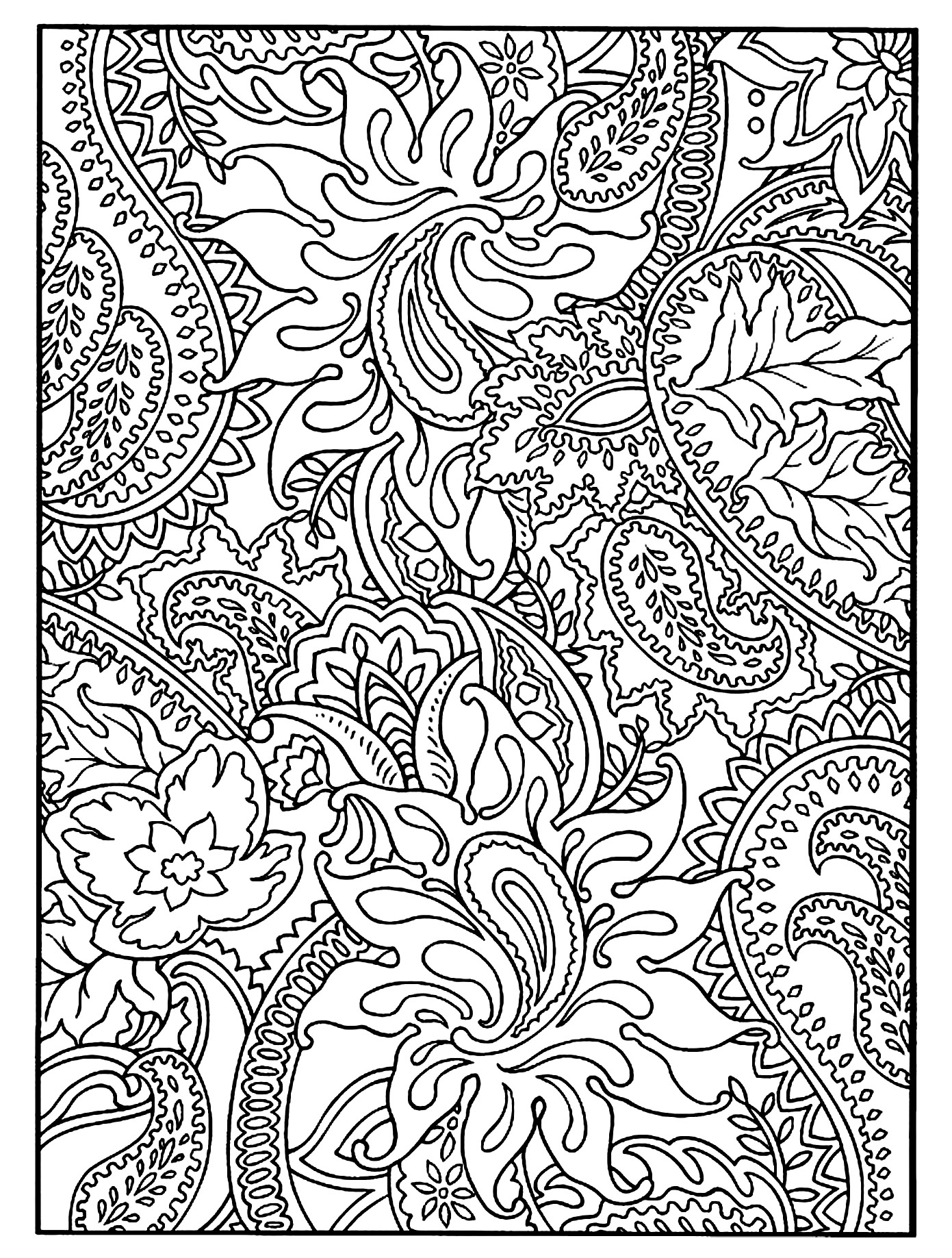 Flowers and harmonious Paisley patterns to color