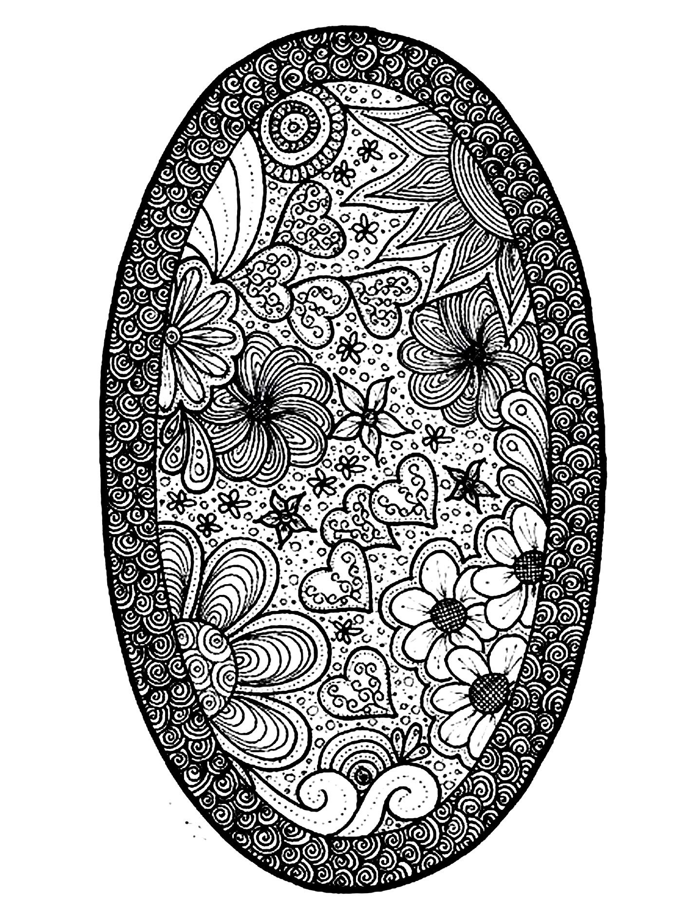 Flowers, hearts and plant elements in an oval shape