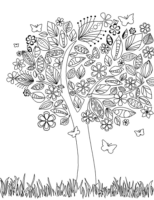 Drawing of a tree with strange and different leaves to color