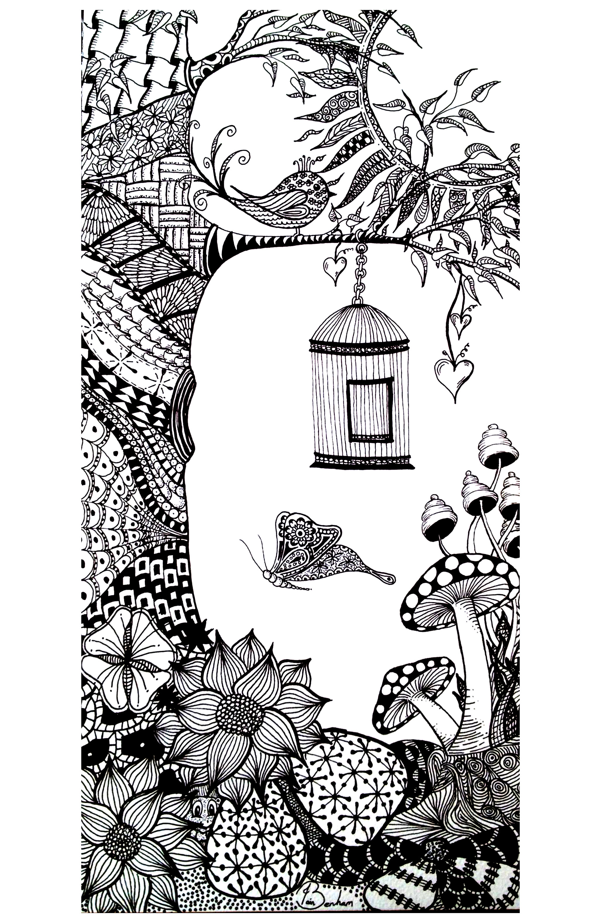 Drawing to color with a tree, a bird, butterflies ... Colorful Zentangle patterns
