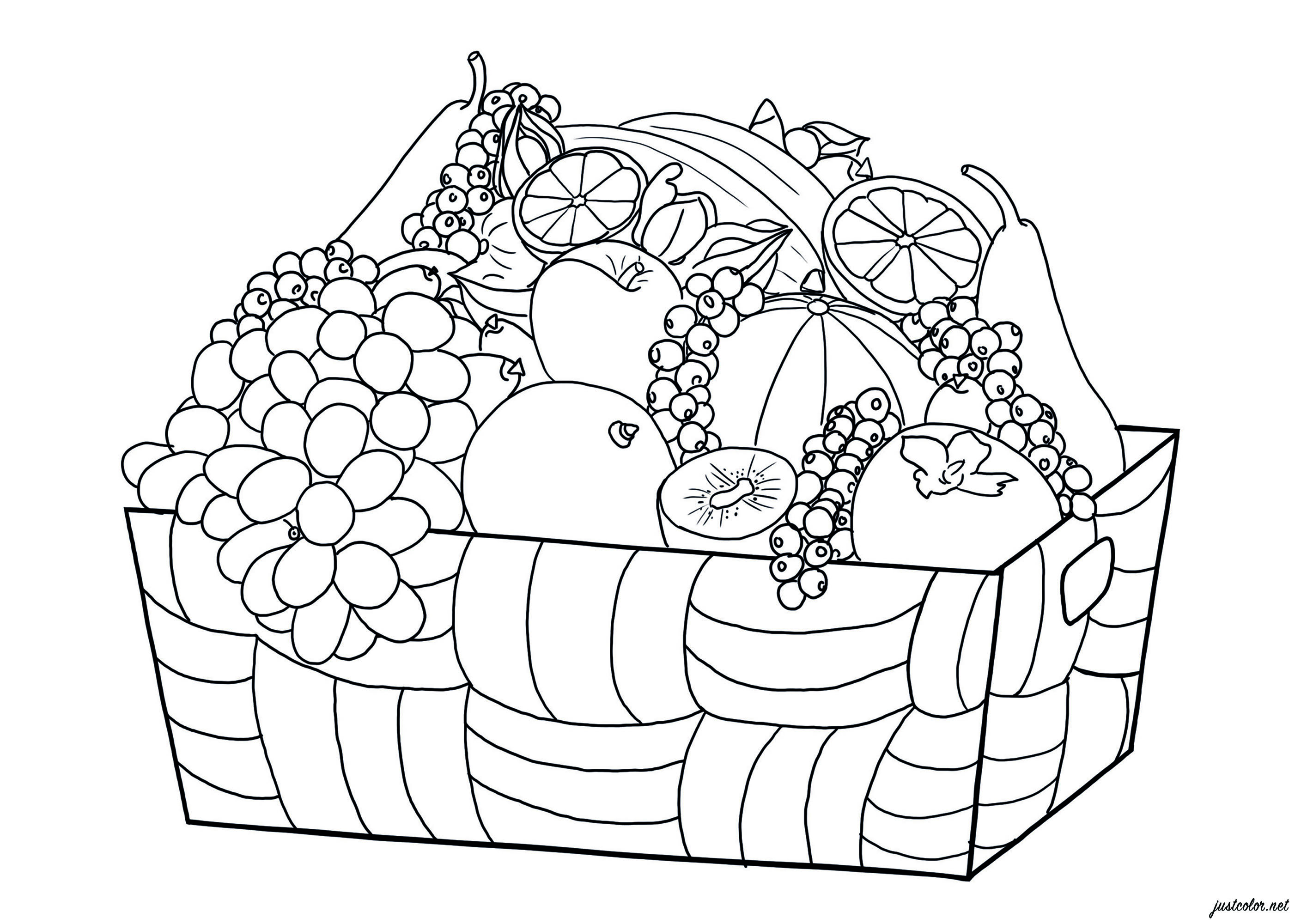 Basket Of Fruits - Flowers Adult Coloring Pages