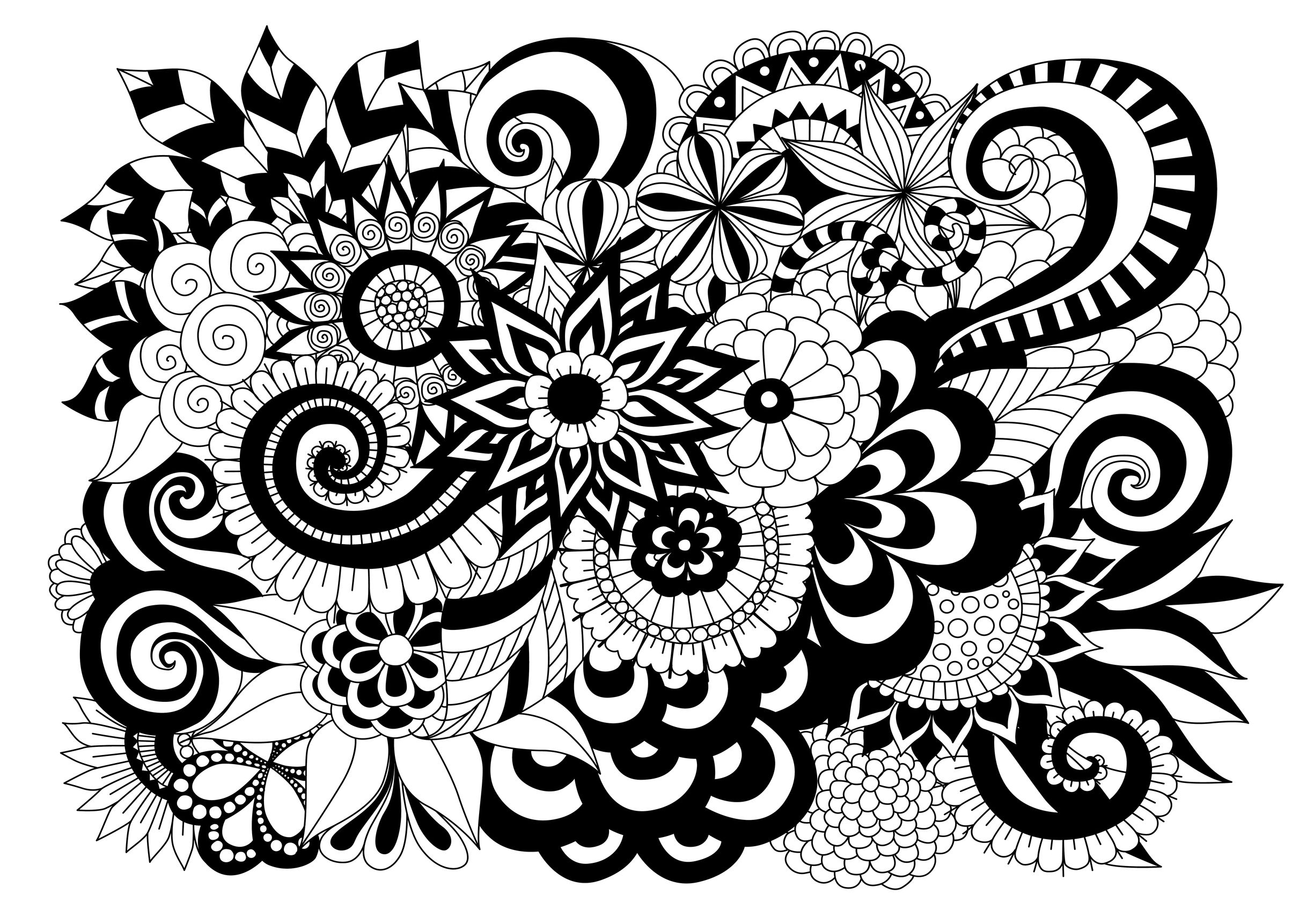 Magnificent and very contrasted adult coloring page, representing numerous flowers and leaves, Artist : Bimdeedee   Source : 123rf