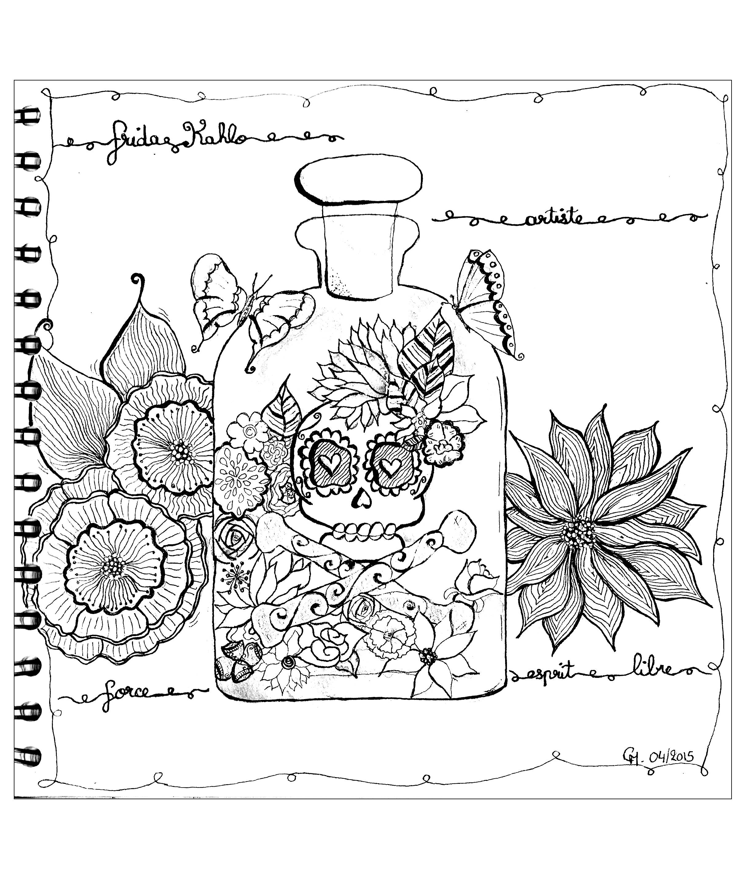 'Hommage to Frida Khalo', exclusive coloring page See the original work, Artist : Cathy M