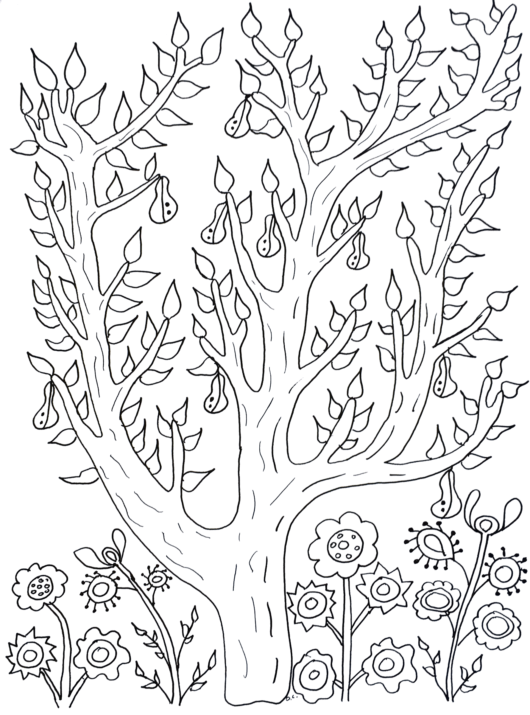 Cute tree with leaves and pears olivier - Flowers Adult Coloring Pages