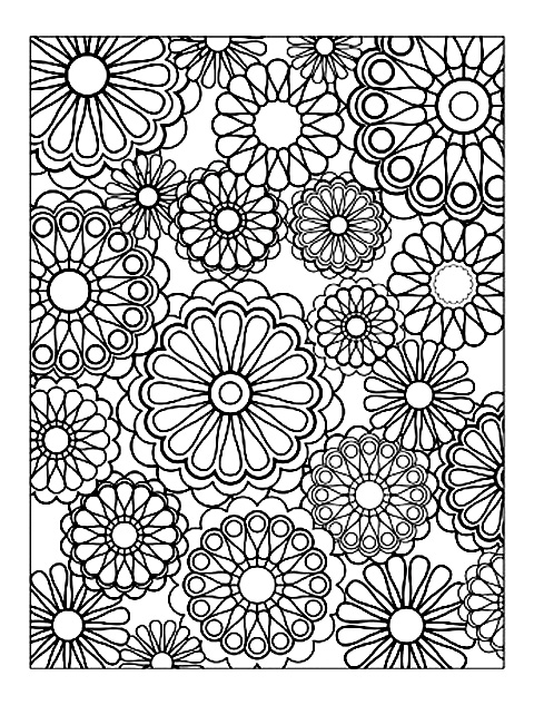 Drawing composed of several mandalas of various sizes, representing flowers with totally symmetrical petals