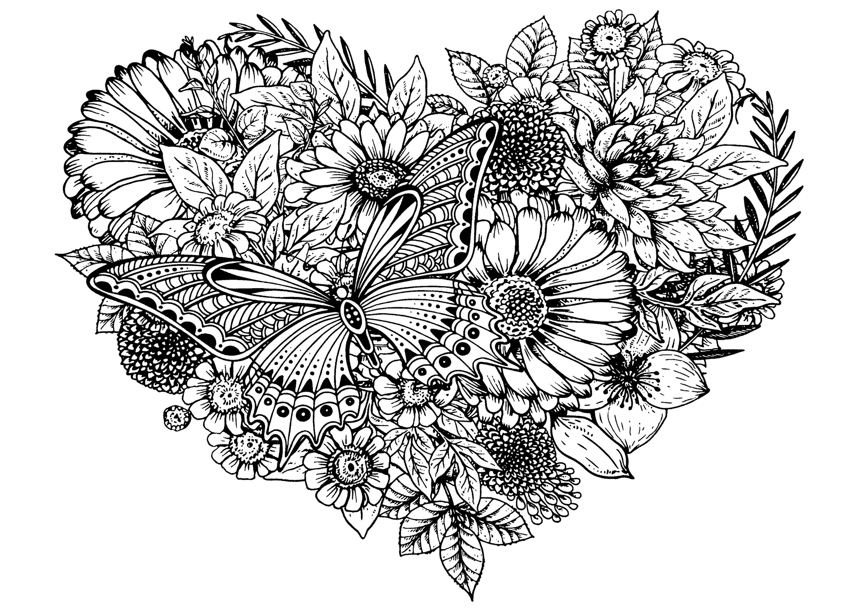 Flowers & Butterfly - Flowers Adult Coloring Pages