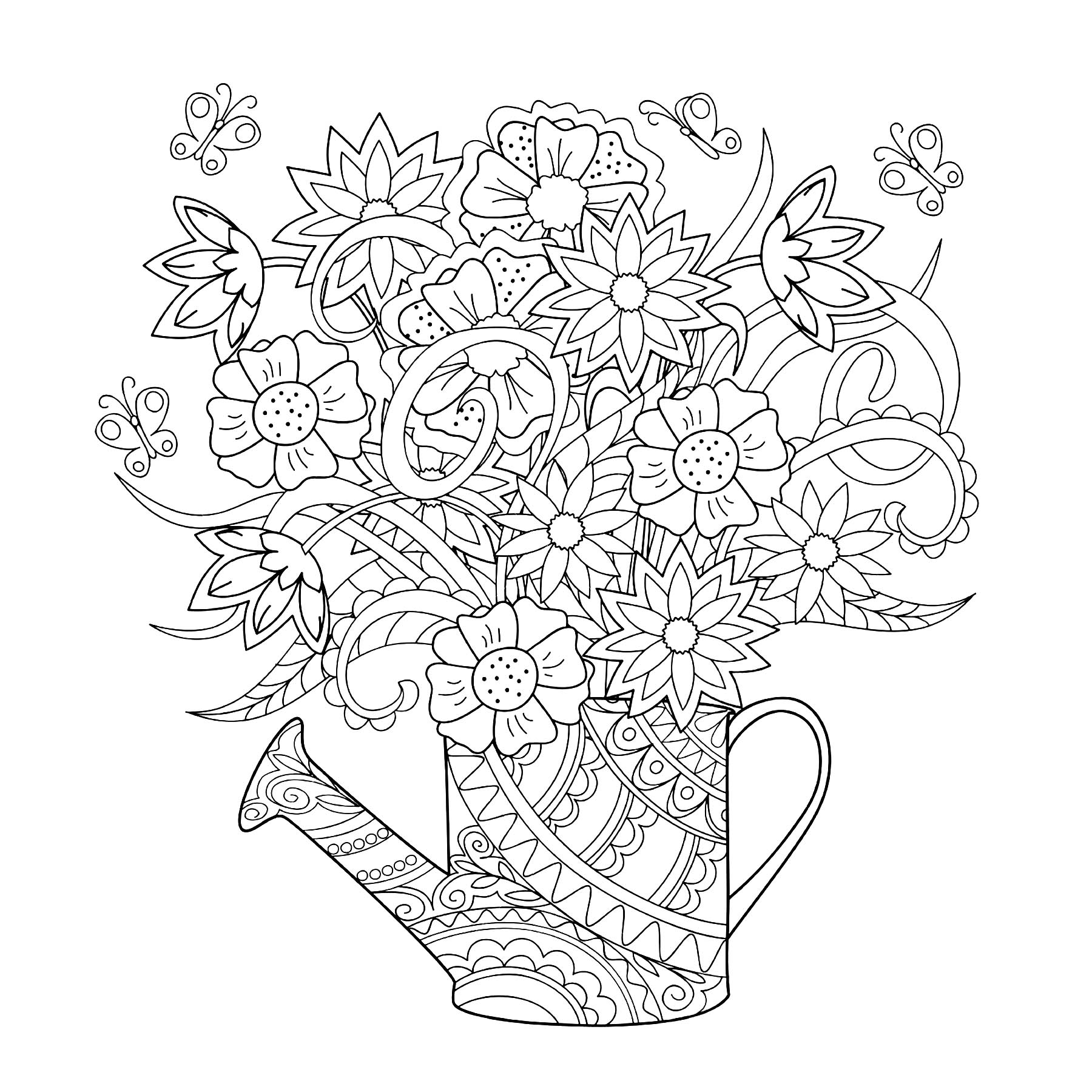 Download Watering can with flowers - Flowers Adult Coloring Pages