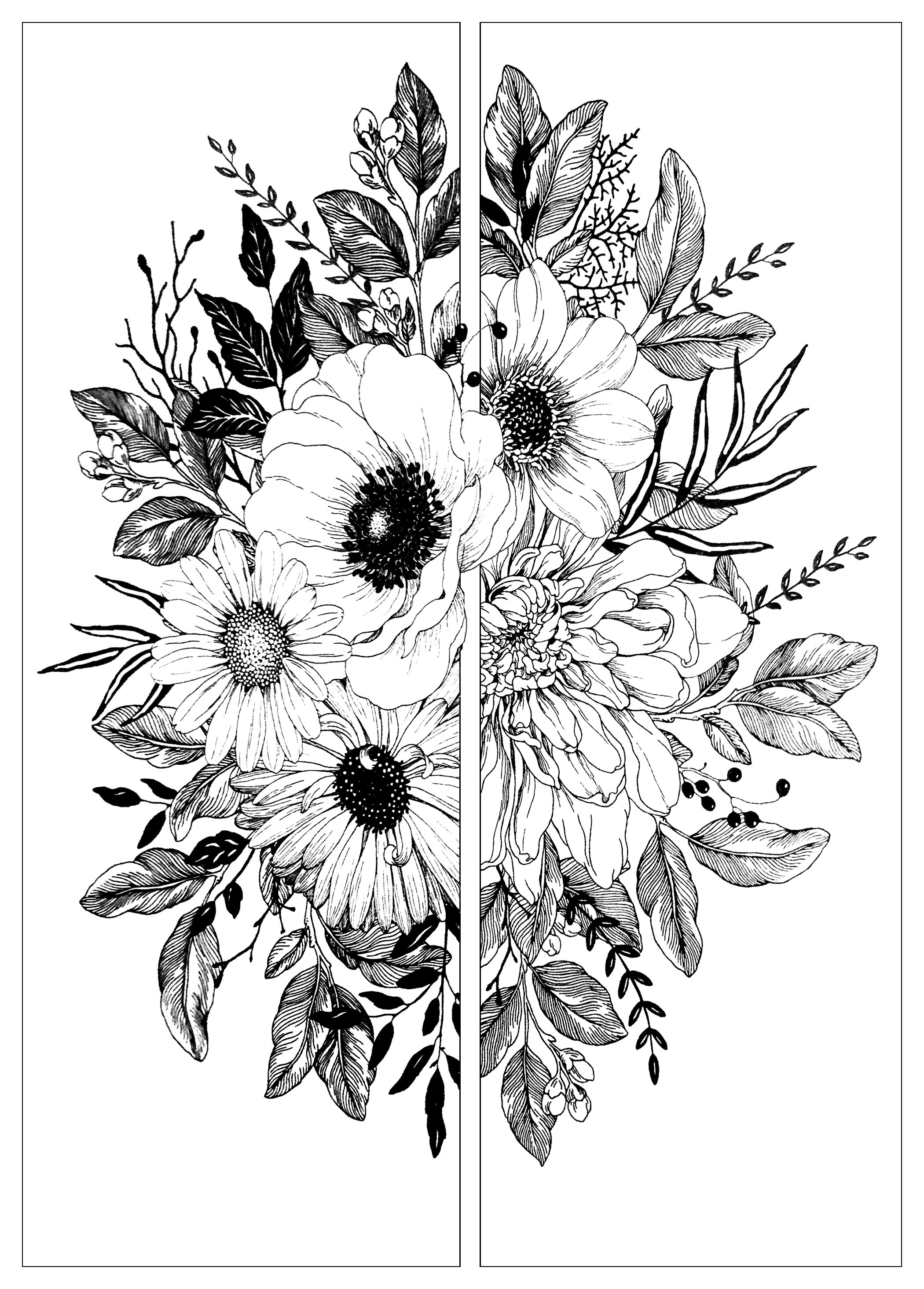 Flowers in two parts Flowers Adult Coloring Pages