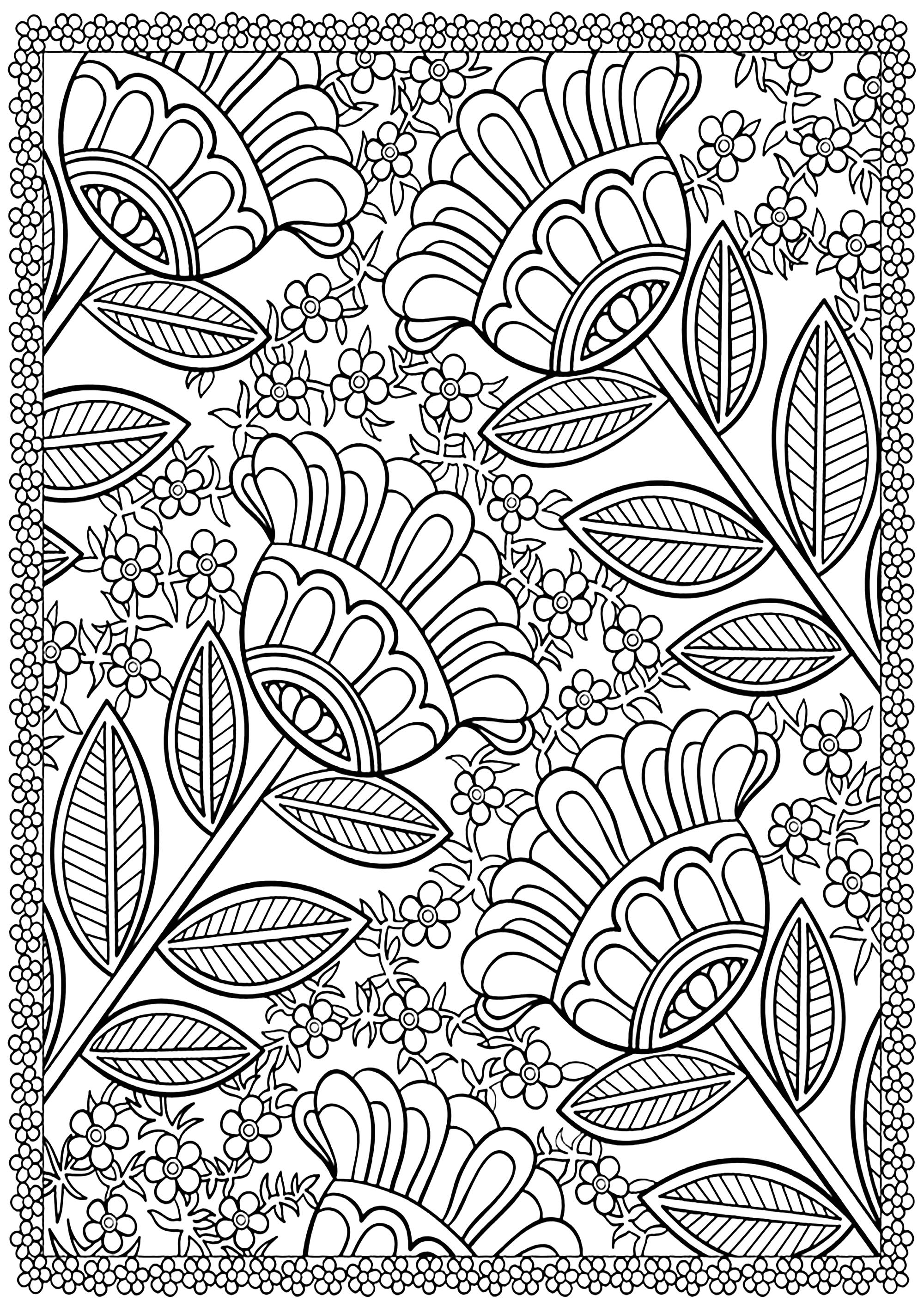 four big flowers flowers adult coloring pages