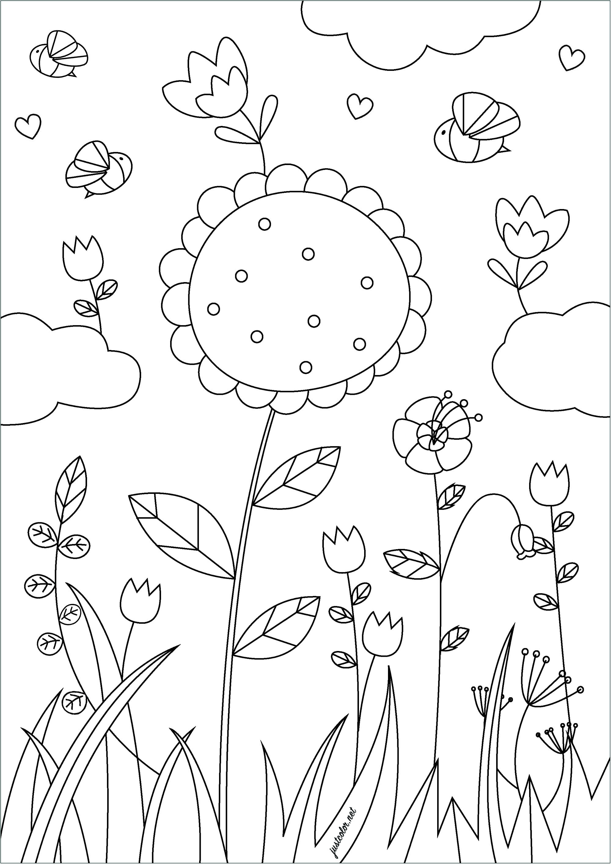 Pretty flowers in the wind. This coloring page called 'Spring Flowers' features several flowers blooming in a field of greenery, Artist : Gaelle Picard