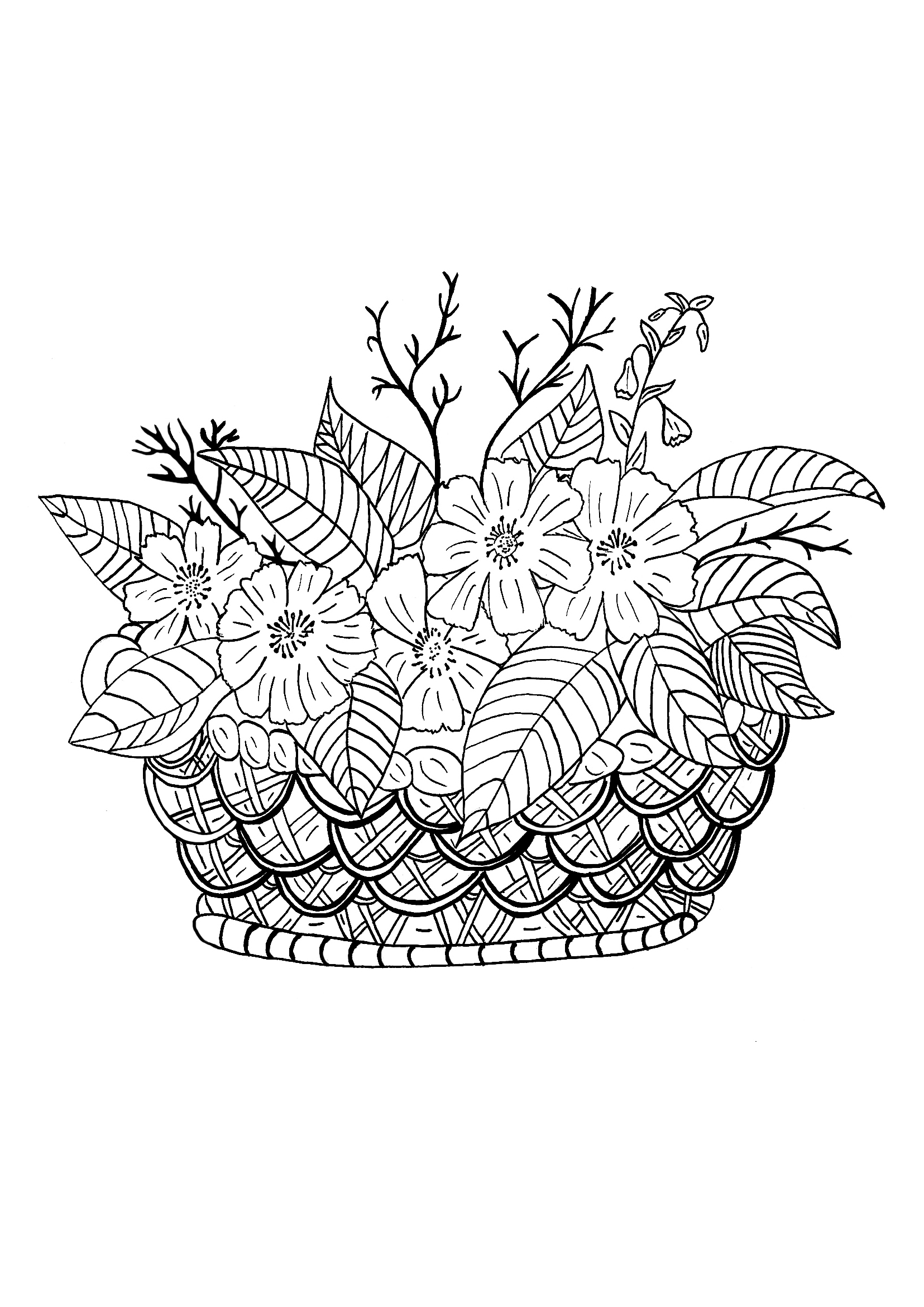 A basket, some flowers and a good moment for a coloring page, Artist : Celine