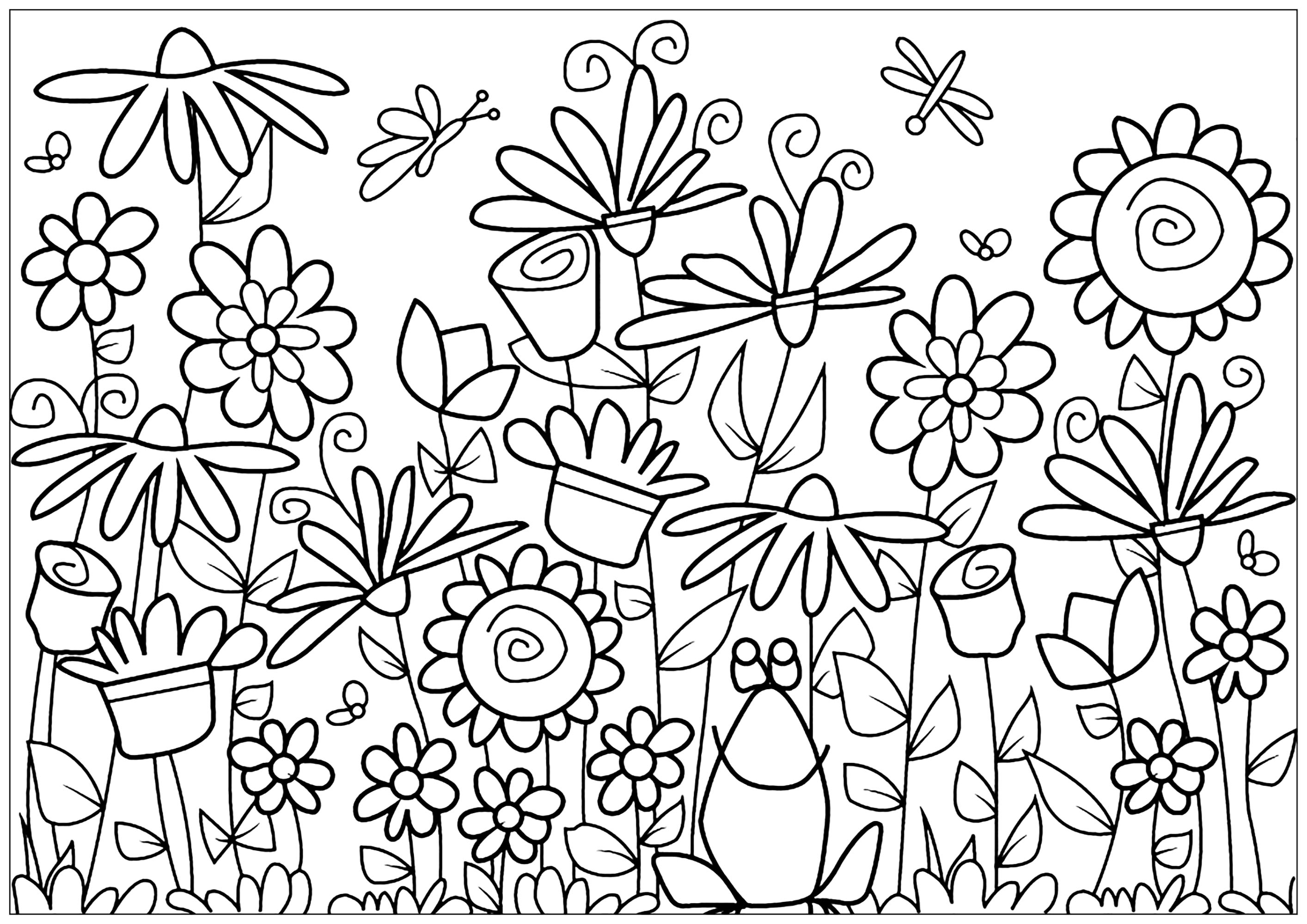 Coloring page with giant sunflowers, butterflies, daisies and tulips surrounding a frog, Artist : Lucie