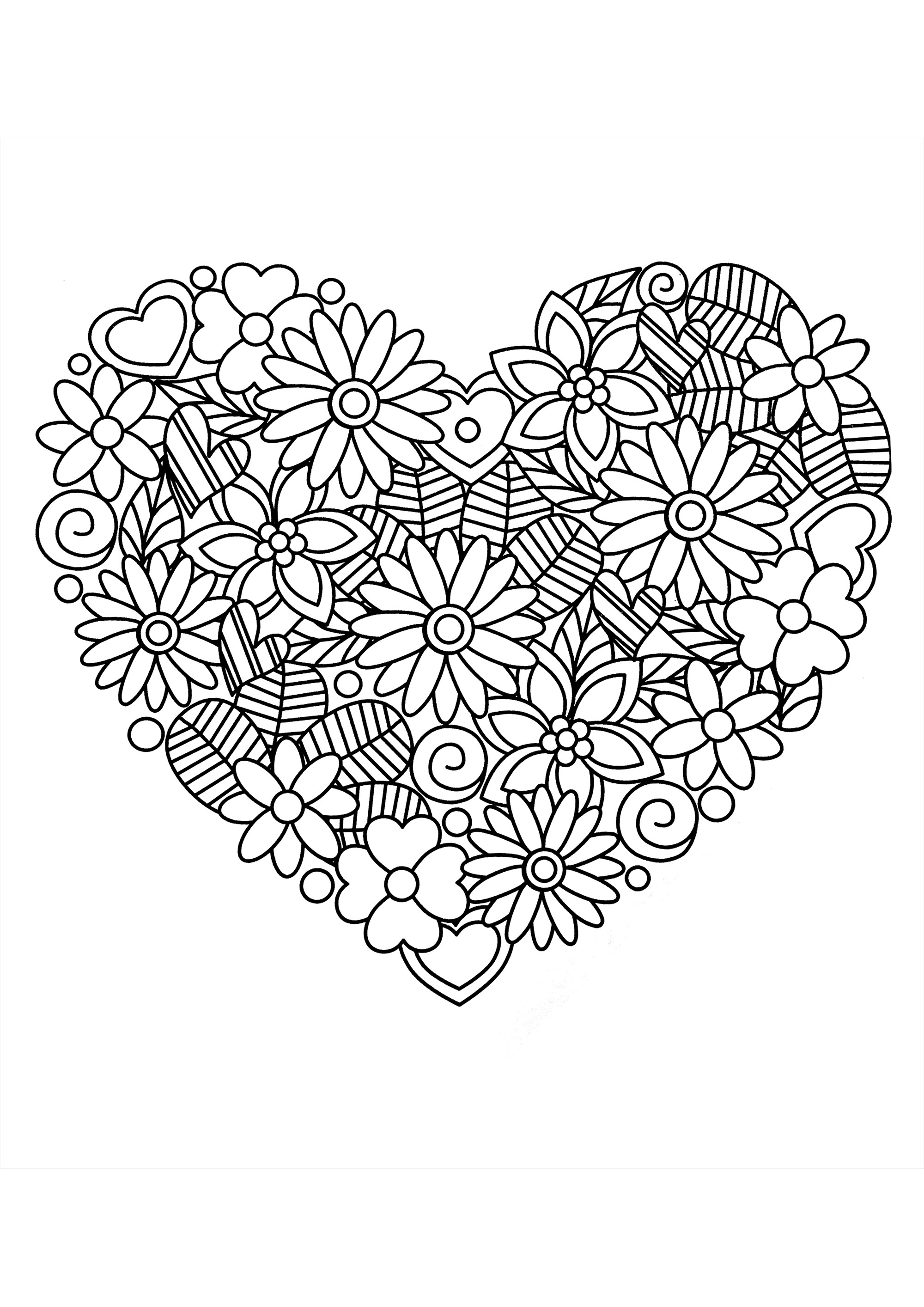Pretty heart of flowers and leaves - Flowers Adult Coloring Pages