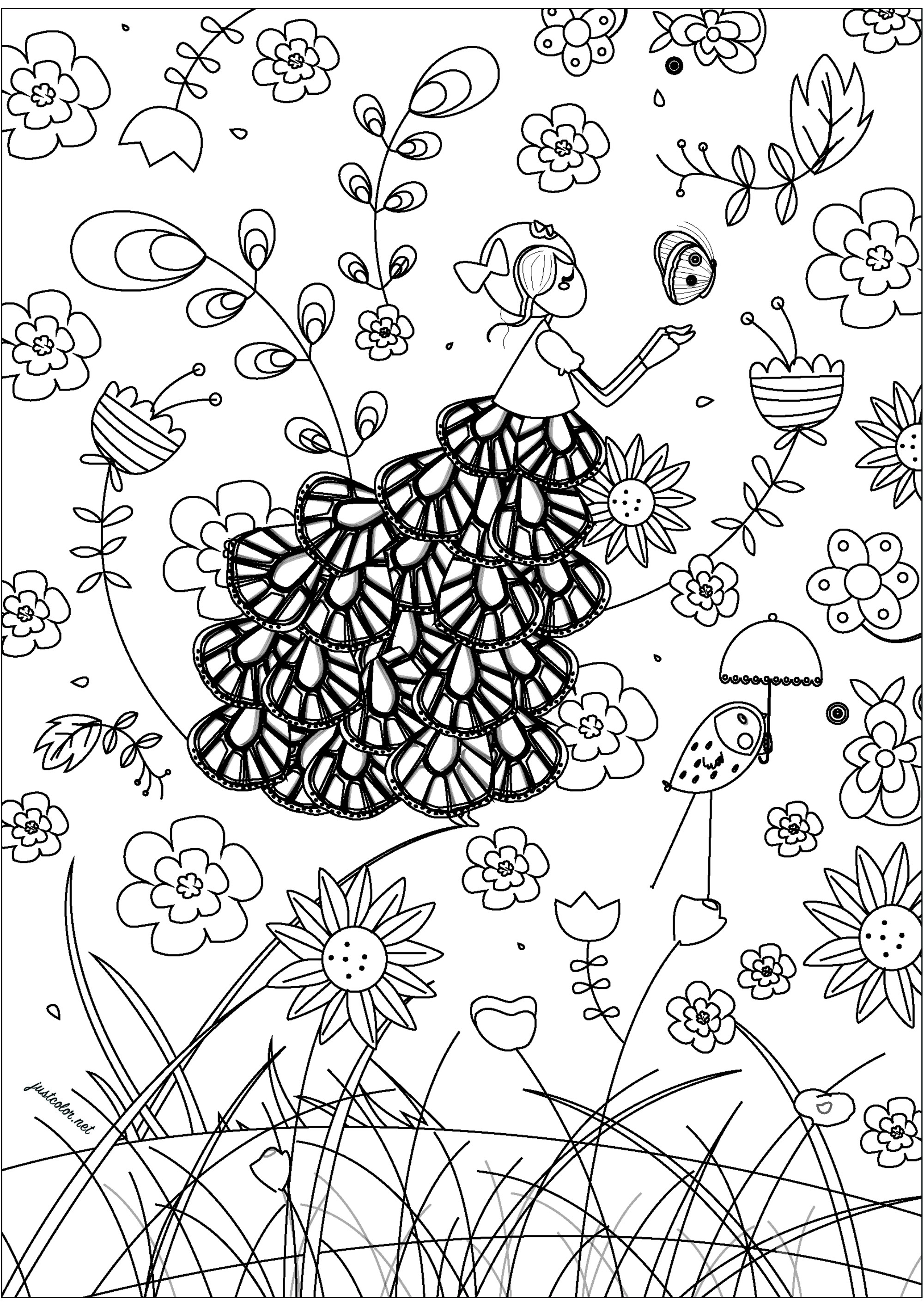 Fairy floating in the middle of field flowers. This coloring page is an invitation to daydream and relax. An elegant fairy floats amidst a variety of beautiful flowers, creating an enchanting landscape, Artist : Gaelle Picard