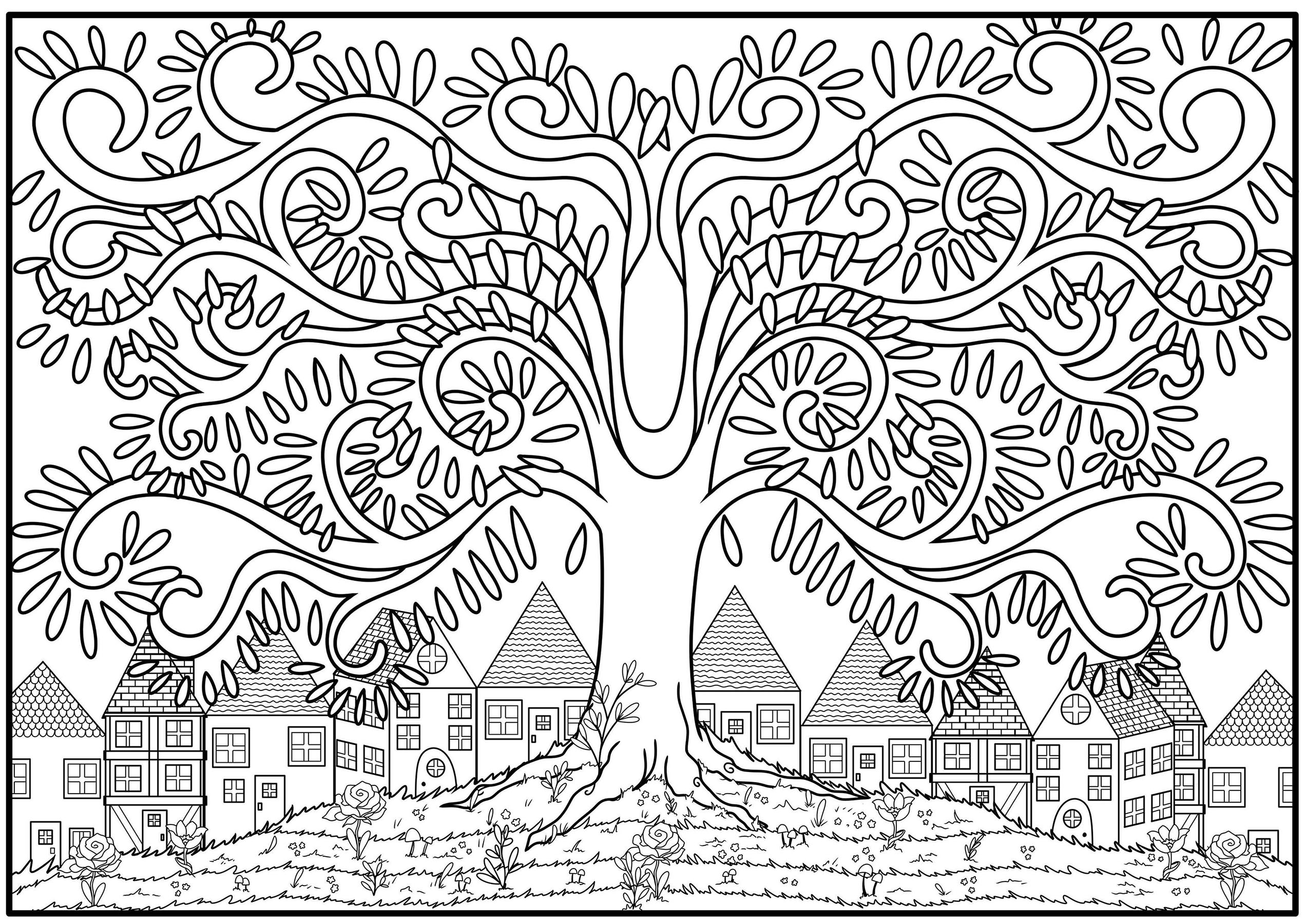 Coloring page of a tree with branch in the shape of arabesque, at the top of a flowered hill with houses in the background, Artist : Océane D