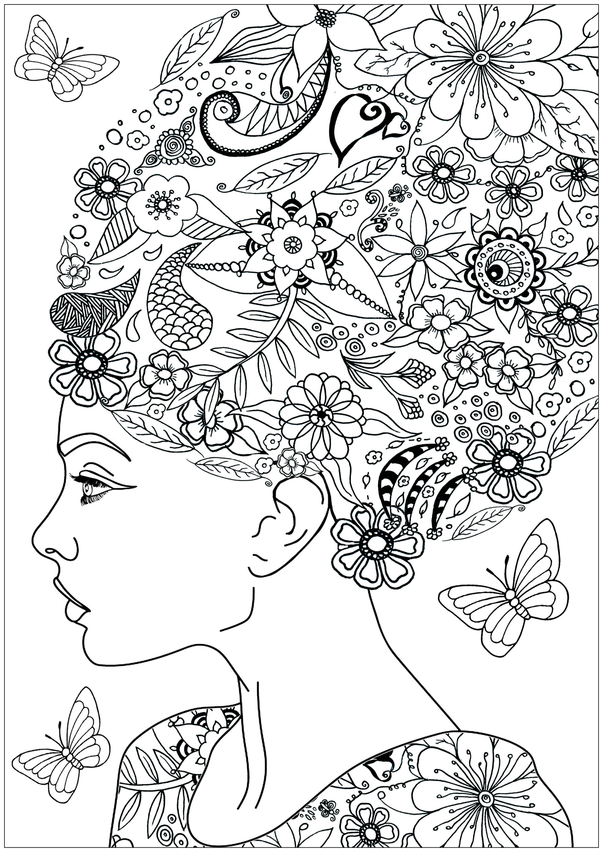 Woman with flowery hair - Flowers Adult Coloring Pages