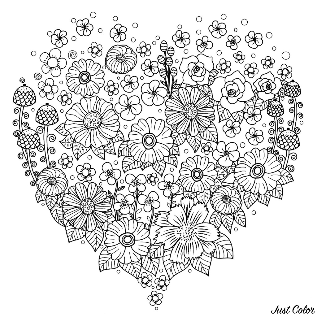 coloring pictures of hearts and flowers