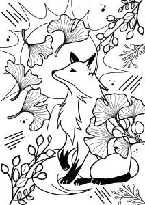 Fox surrounded by plant and abstract motifs