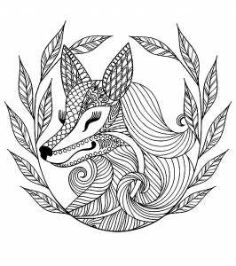 Coloring page fox and leaves 1
