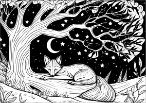 Coloring sleeping fox on a branch of tree isa
