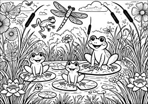 Printable Coloring Page for adults : Frogs and large dragonfly