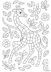 Stylized giraffe dancing among flowers