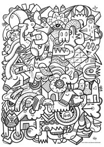 Printable Unclassifiable Coloring Page for adults : Complex drawing with different doodle creatures