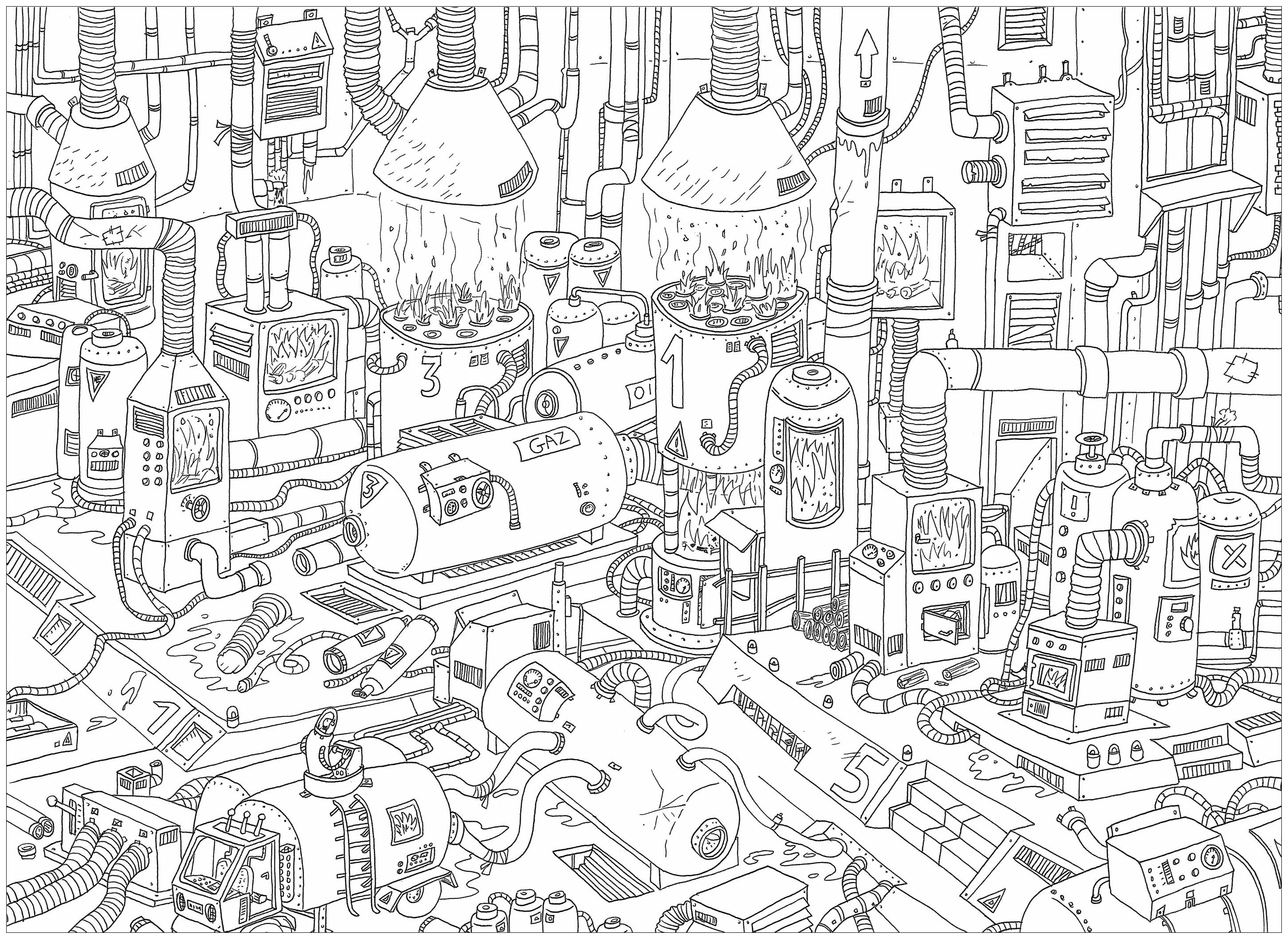 'Gas', a complex coloring page, 'Where is Waldo ?' style, Artist : Frédéric Brogard