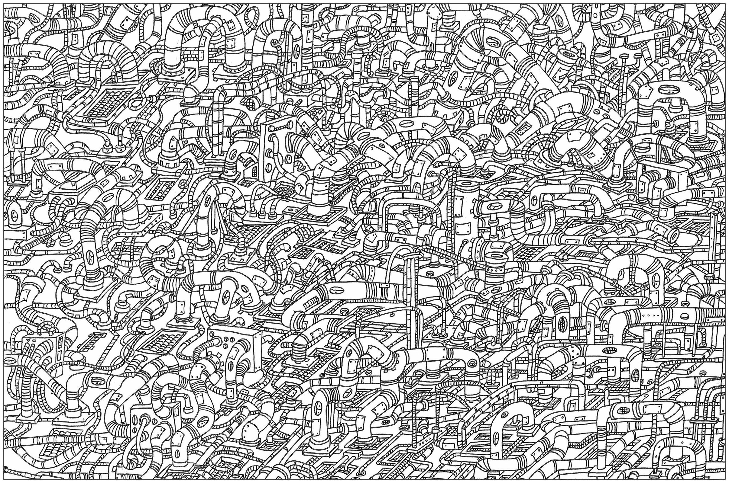 'Hoses', a complex coloring page, 'Where is Waldo ?' style, Artist : Frédéric Brogard