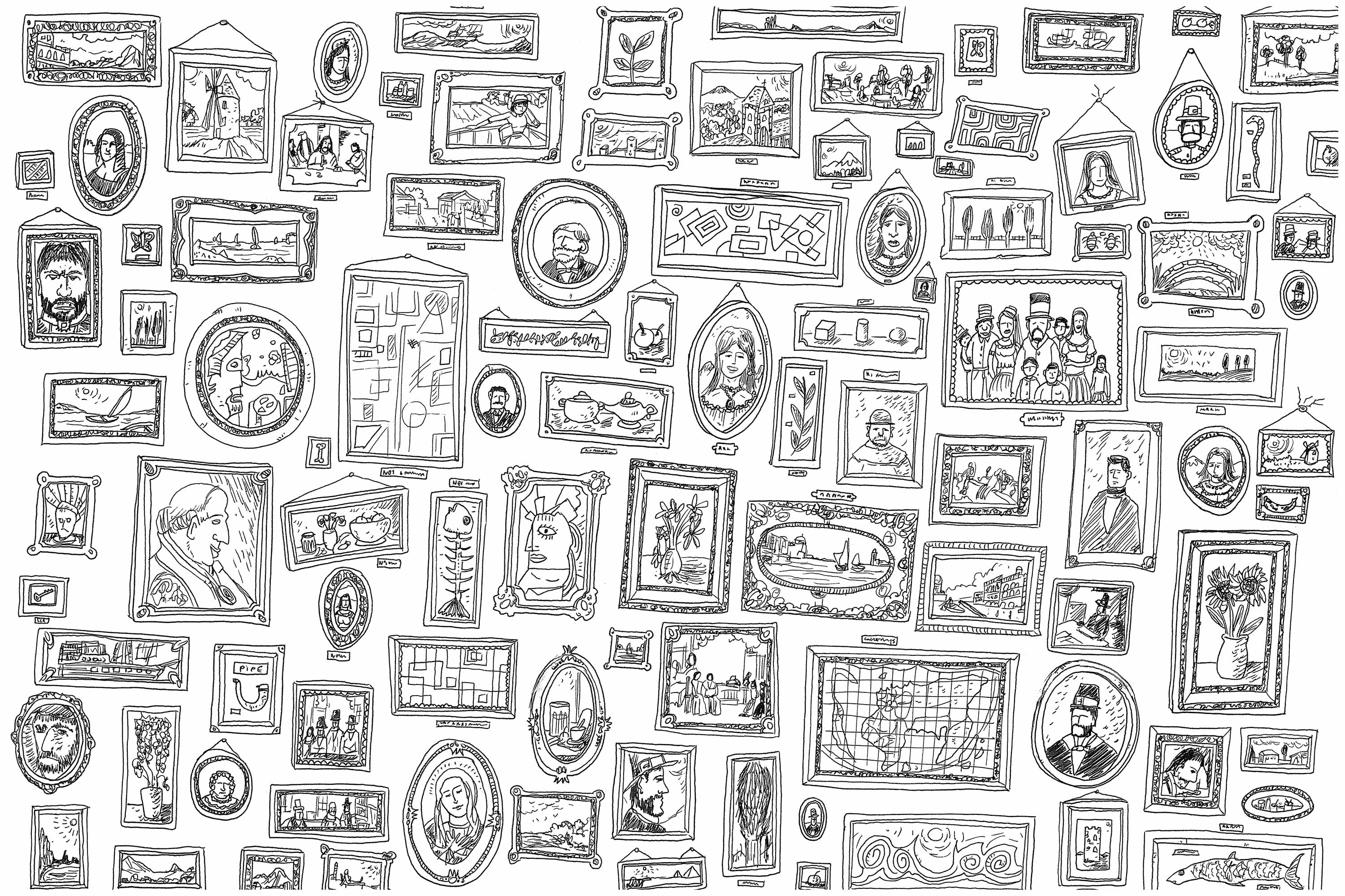 'Portraits', a complex coloring page, 'Where is Waldo ?' style, Artist : Frédéric Brogard