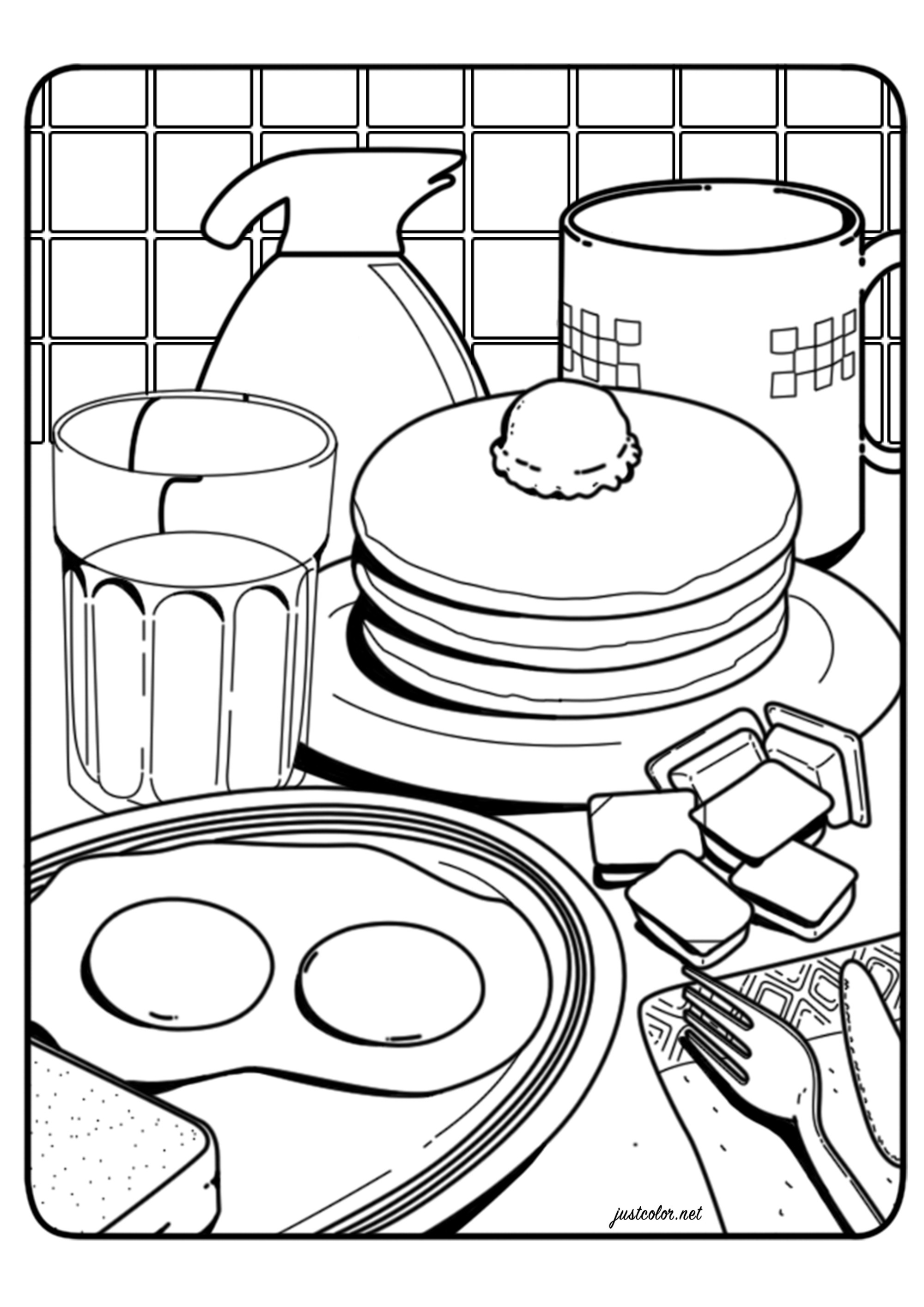 A good breakfast with fried eggs, pancakes, coffee...  a coloring page inspired by the illustration 'The Breakfast' by Lauren Martin, Artist : Warrick D